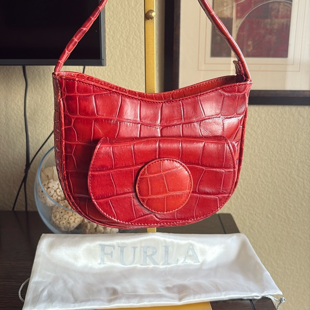 Furla Orange Croc-Embossed Shoulder Bag